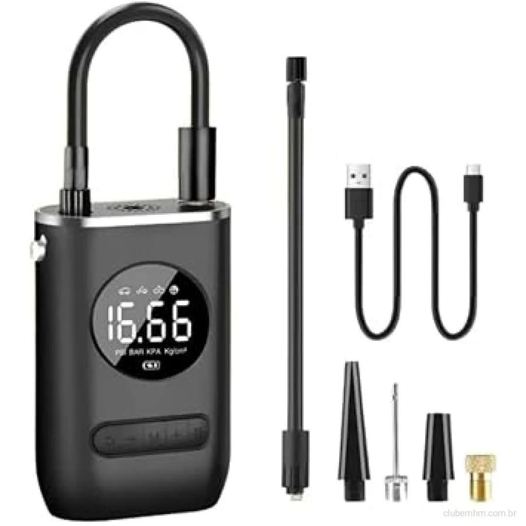 Calibrador Compressor Bomba De Ar Portátil Digital Mini Com Lanterna LED para Encher Pneus de Carro, Moto, Bike, Bicicleta, Bola e Piscina Inflável